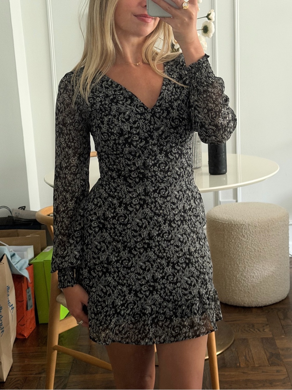 Black & White Floral Long-Sleeve Mini Dress, XXS Petite